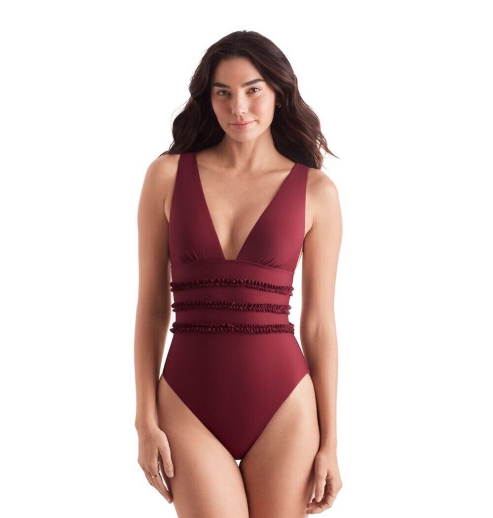 Mimi flamingo Sonny ruffled one piece swimsuit burgundy sz 10 henna